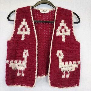 Vintage Kingsley Crochet Vest Womens S Wool Red White Aztek Bird Handmade Hippie